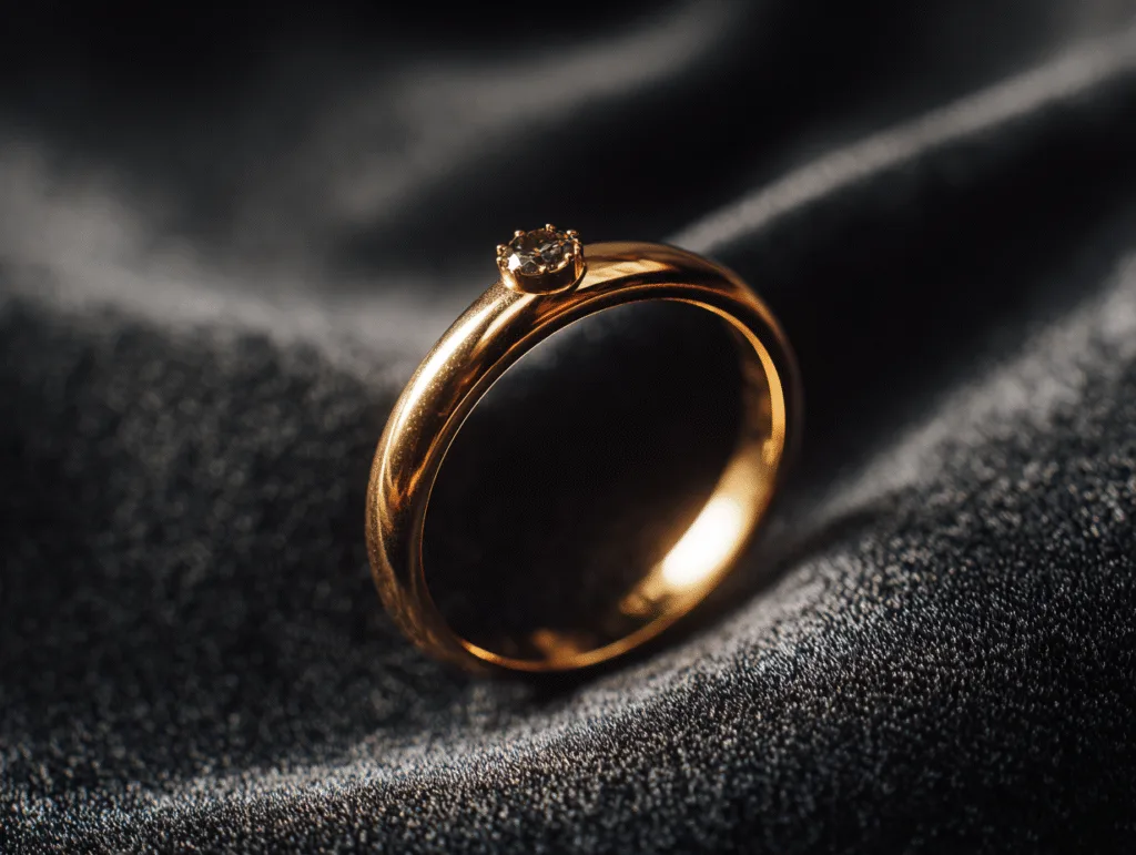Comment choisir une bague en or selon votre style et votre morphologie 3 comment choisir sa bague en or : Bague solitaire en or jaune avec diamant brillant sur fond de tissu bleu.