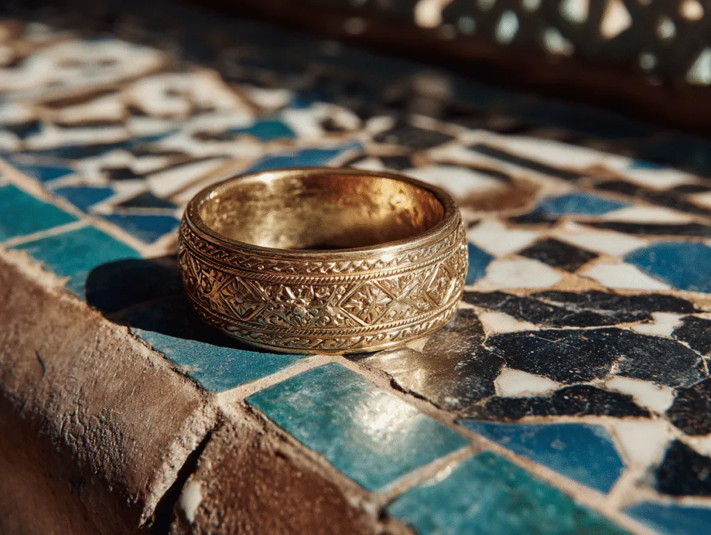 Comment choisir une bague en or selon votre style et votre morphologie 2 Comment choisir une bague en or : Bague en or traditionnelle marocaine avec gravures, posée sur du carrelage zellige bleu.