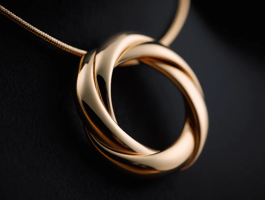 tendances colliers en or 2025 Maroc | Bijouterie Maroc 2 Collier en or sculptural minimaliste sur fond noir, bijou de luxe 2025.