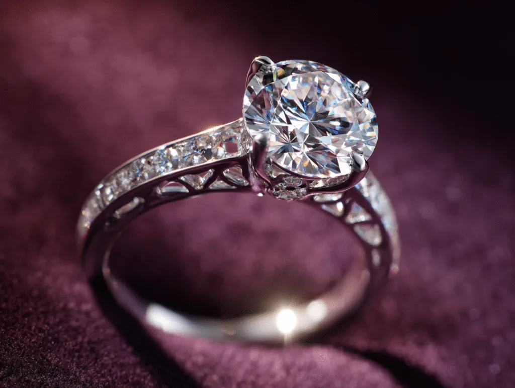 Tendances 2025 en bagues de fiançailles au Maroc 2 Bague de fiançailles solitaire en or blanc avec diamant rond brillant et monture ajourée.