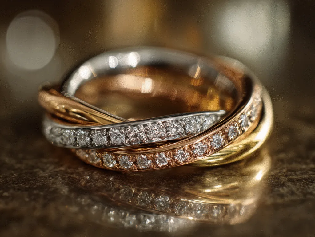 Tendances 2025 en bagues de fiançailles au Maroc 3 tendances bagues de fiançailles: Bague de fiançailles double anneau entrelacé en or blanc, jaune et rose sertie de diamants.