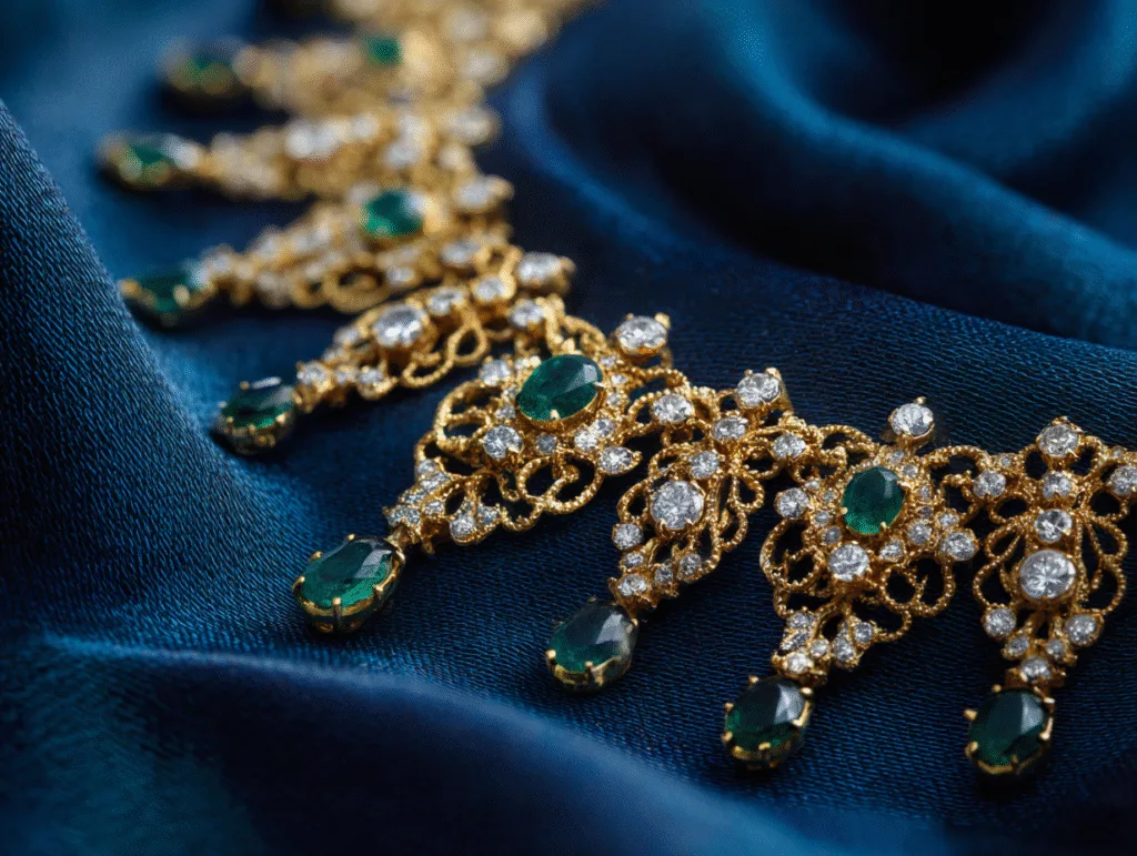 tendances colliers en or 2025 Maroc | Bijouterie Maroc 3 Collier en or orné d’émeraudes vertes et de diamants sur tissu bleu soyeux.