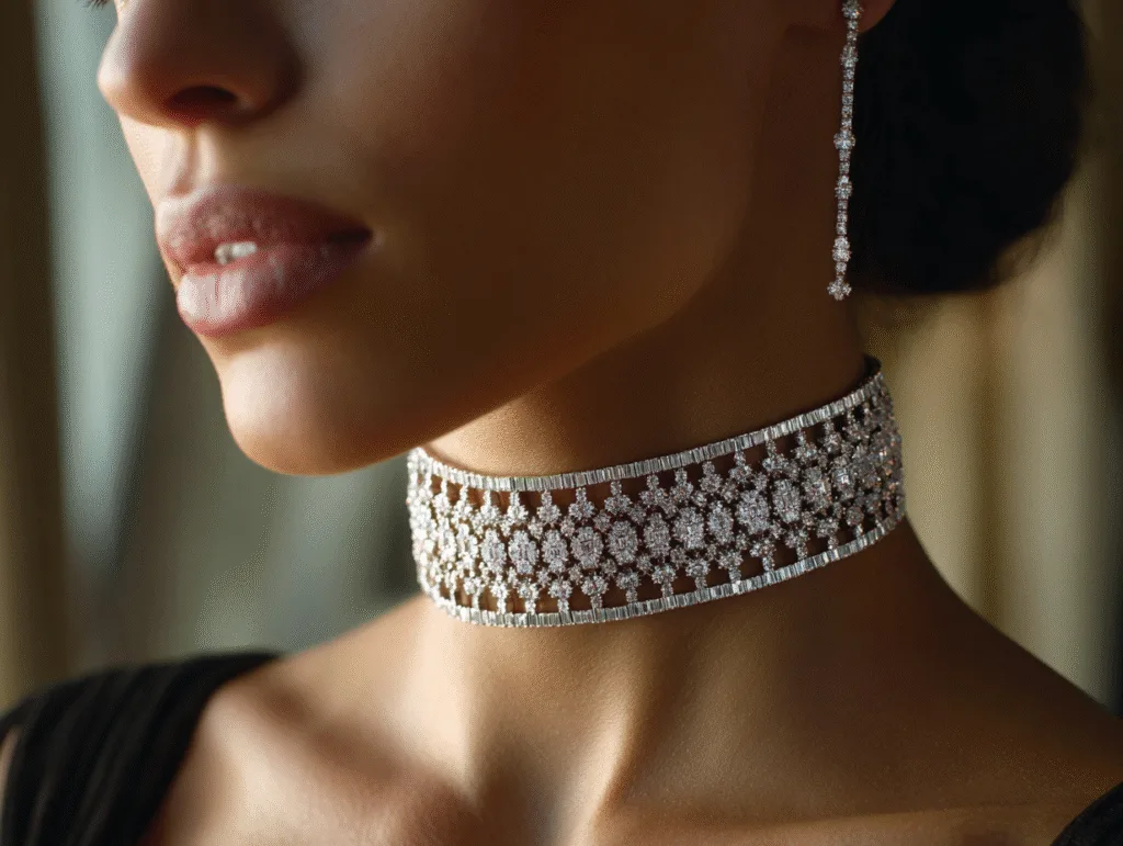 tendances colliers en or 2025 Maroc | Bijouterie Maroc 4 tendances colliers en or: Femme portant un choker en or blanc serti de diamants étincelants, style haute couture.