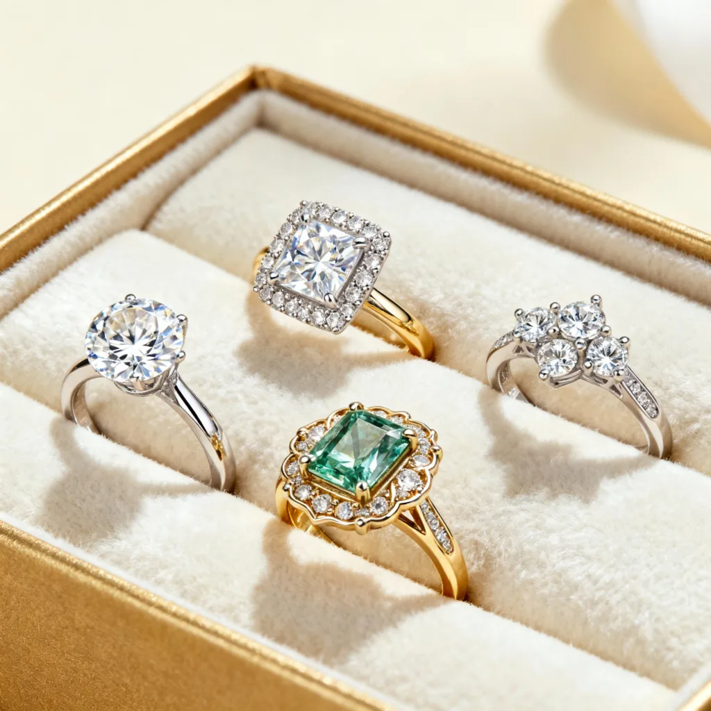 Bagues de fiançailles : Guide complet, prix, styles et conseils 2 Divers designs élégants de bagues de fiançailles en diamants, affichés avec sophistication, soulignant l'expertise en bijoux sur mesure au Maroc. (see the generated image above)
