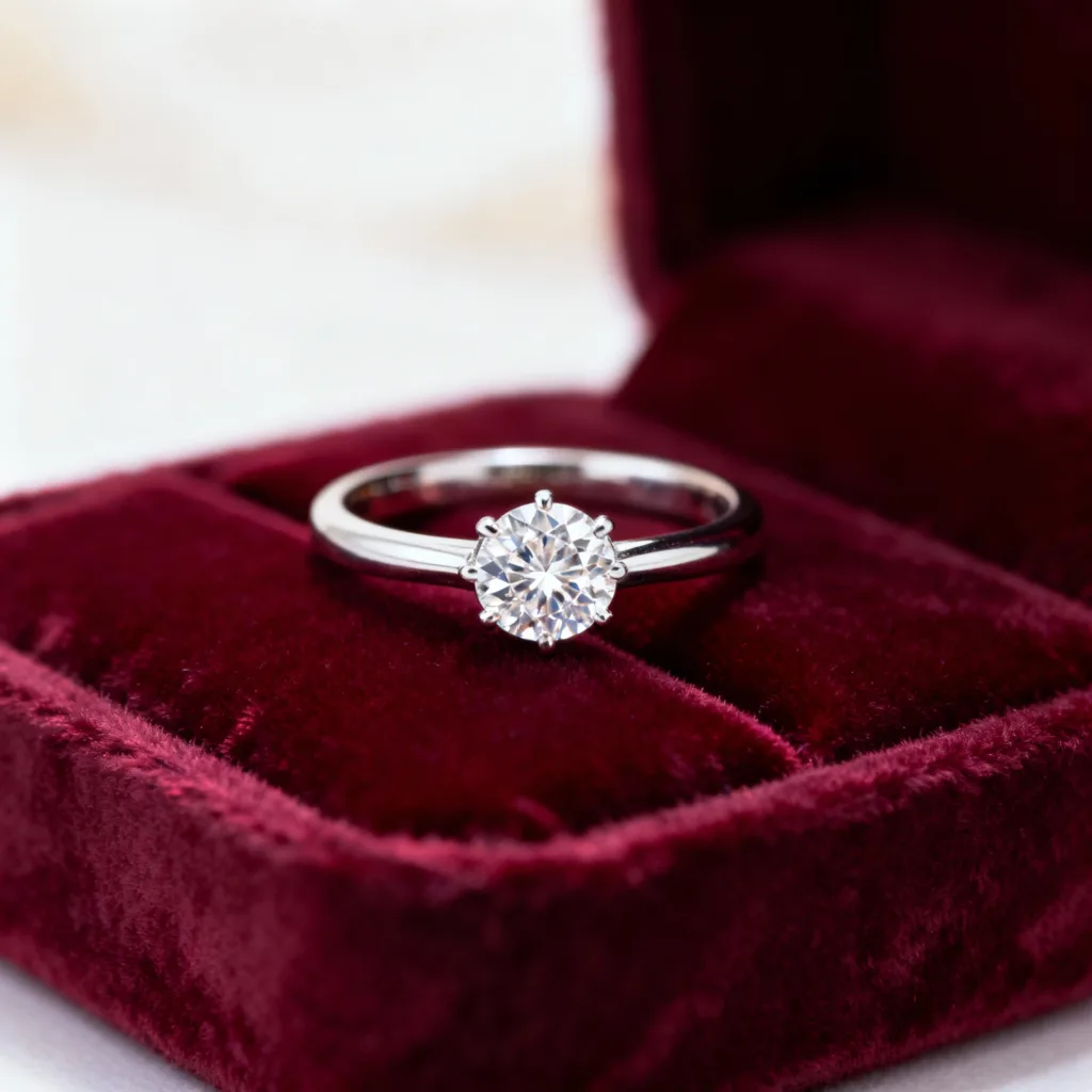 Bagues de fiançailles : Guide complet, prix, styles et conseils 3 Bagues de fiançailles solitaires modernes avec diamants, exposées sur fond velours, évoquant le luxe sur mesure d'une joaillerie casablancaise.